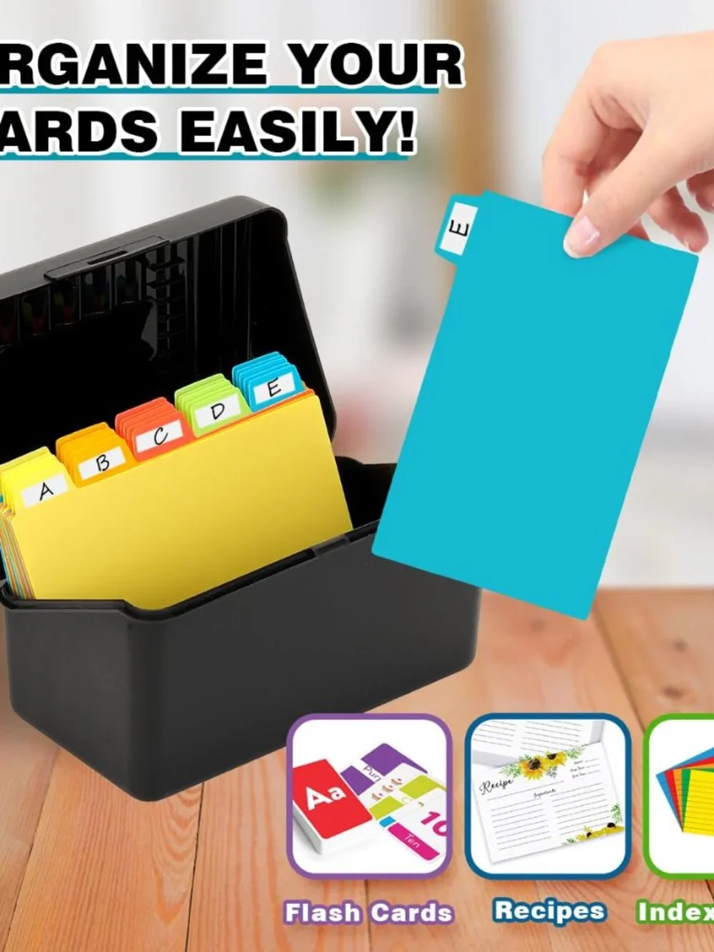 H4D Index Card Holder 3x5 Inches with 25 Plastic Dividers, Black
